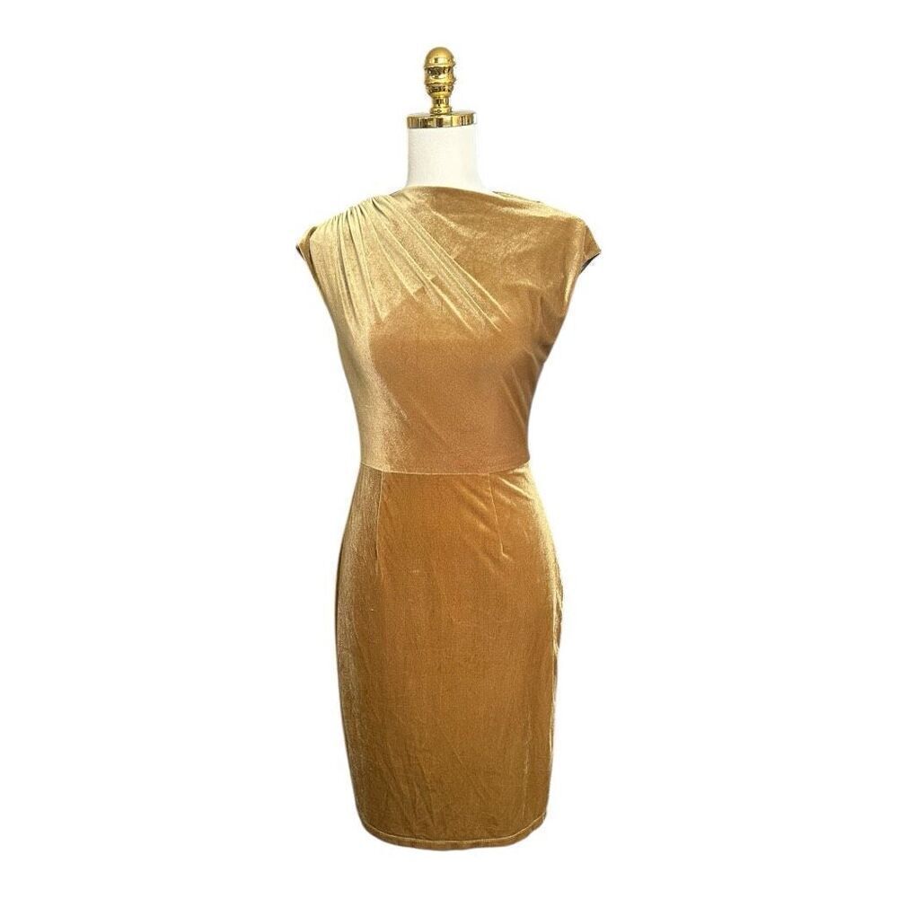 THML Mustard Yellow Velvet Square Neck Midi Dress S